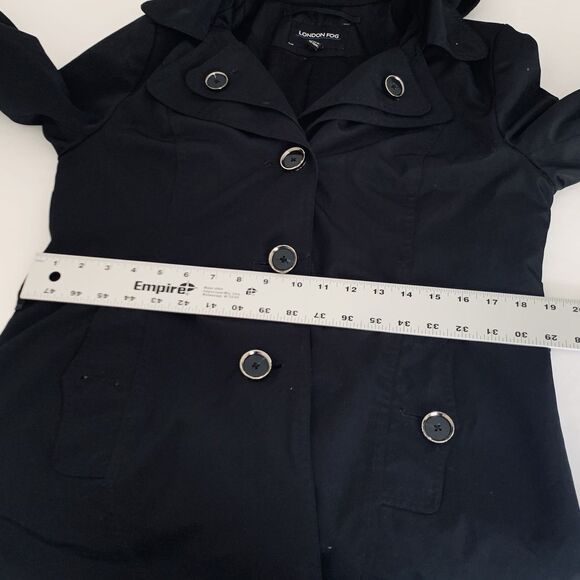 London Fog Women M Black Trench Coat  Button Front Hooded Classic Chic Travel - Picture 11 of 13